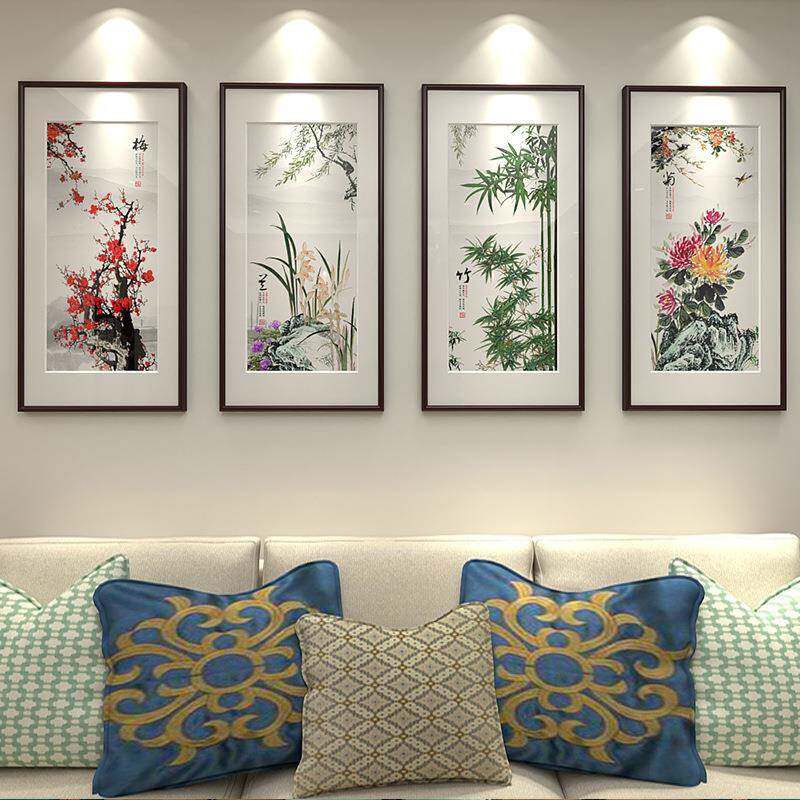 新中式梅兰竹菊客厅装饰画沙发背景墙挂画餐厅壁画水墨国画四联