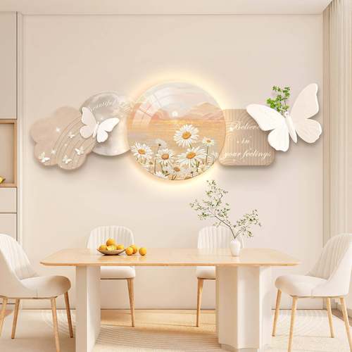 奶油风餐厅装饰画发光餐桌边柜挂画北欧饭厅创意灯画
