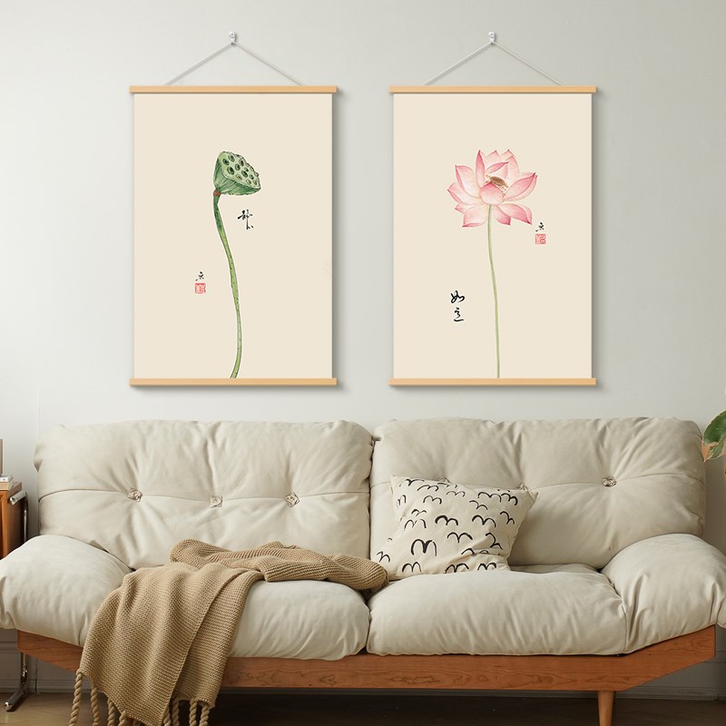 新中式客厅禅意装饰画日式原木风茶室办公室书房挂画中式荷花壁画图片