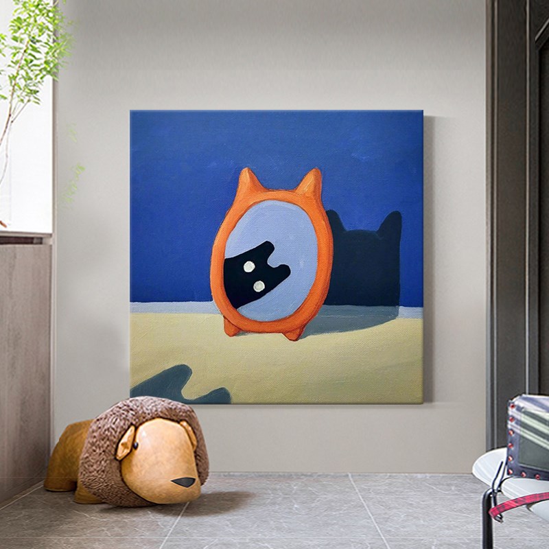 卡通猫咪童趣纯手绘油画北欧风小众艺术儿童房装饰画客厅方形挂画图片