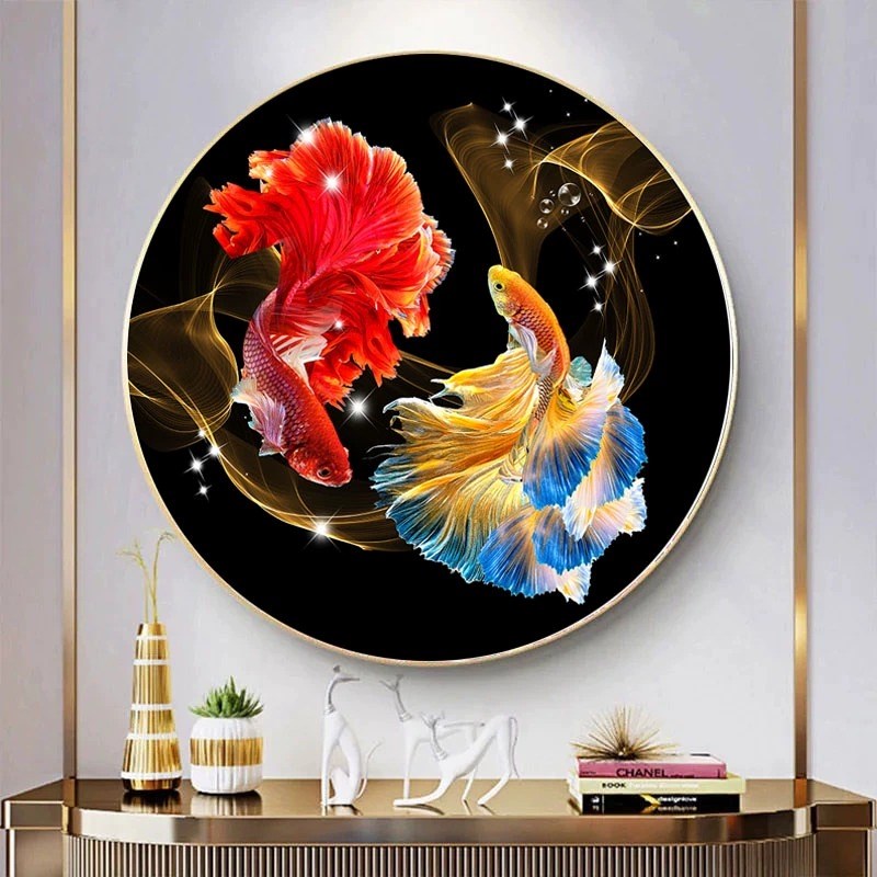 九鱼图入户玄关装饰画轻奢圆形餐厅挂画客厅壁画现代高档招财锦鲤图片