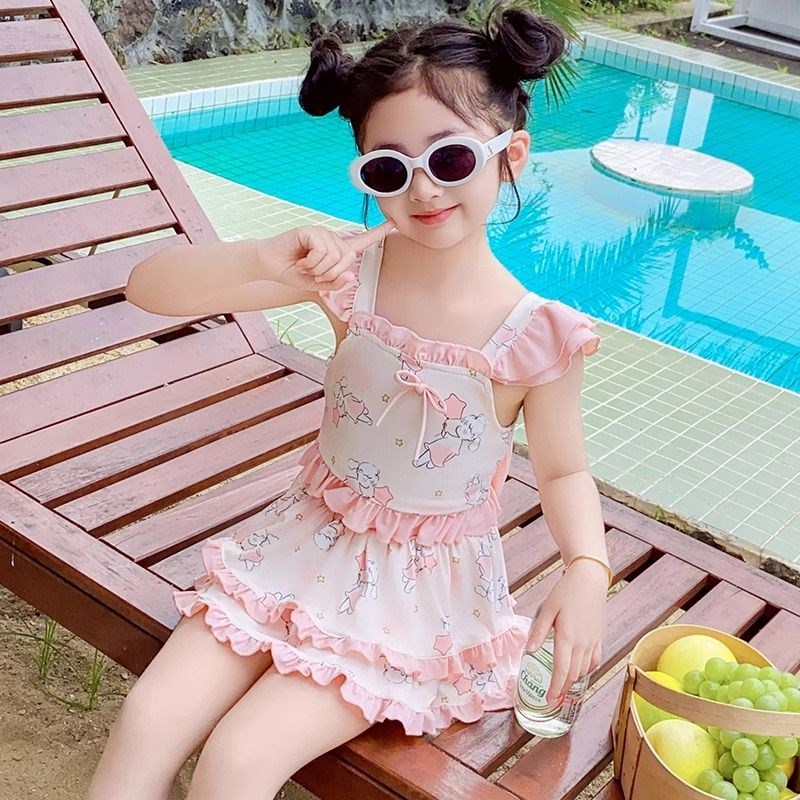 女童蝴蝶结泳衣夏季女宝宝碎花连体泳衣裤速干韩版女孩海边游泳装