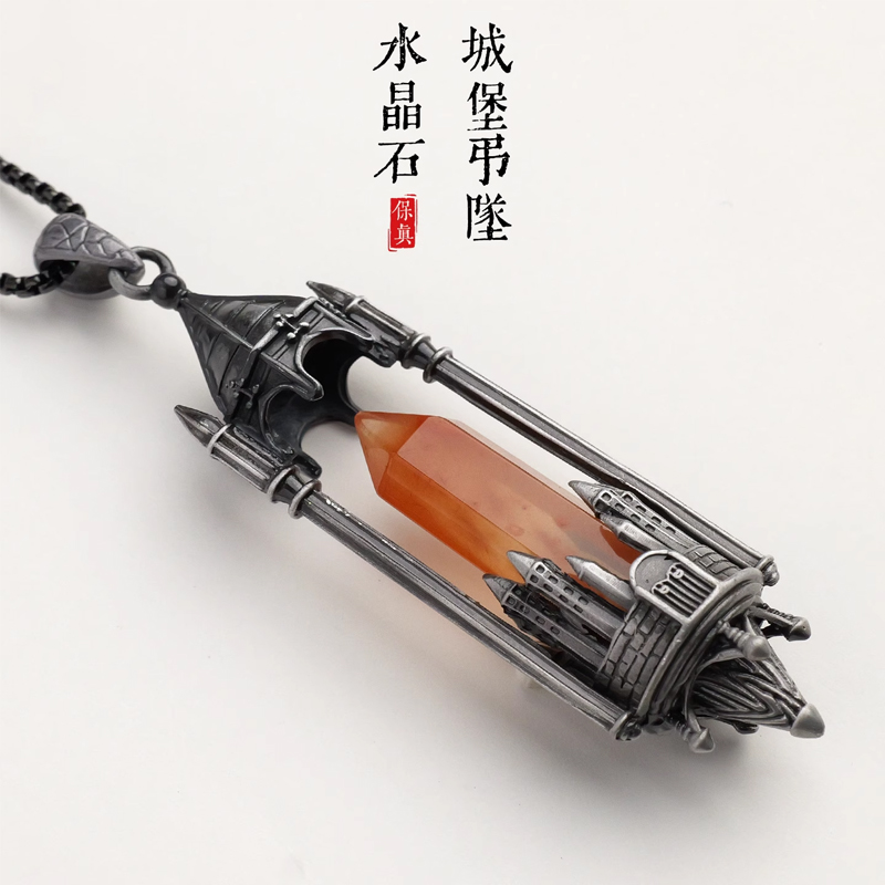 跨境天然水晶单尖柱城堡项链原创欧美风水晶柱合金吊坠