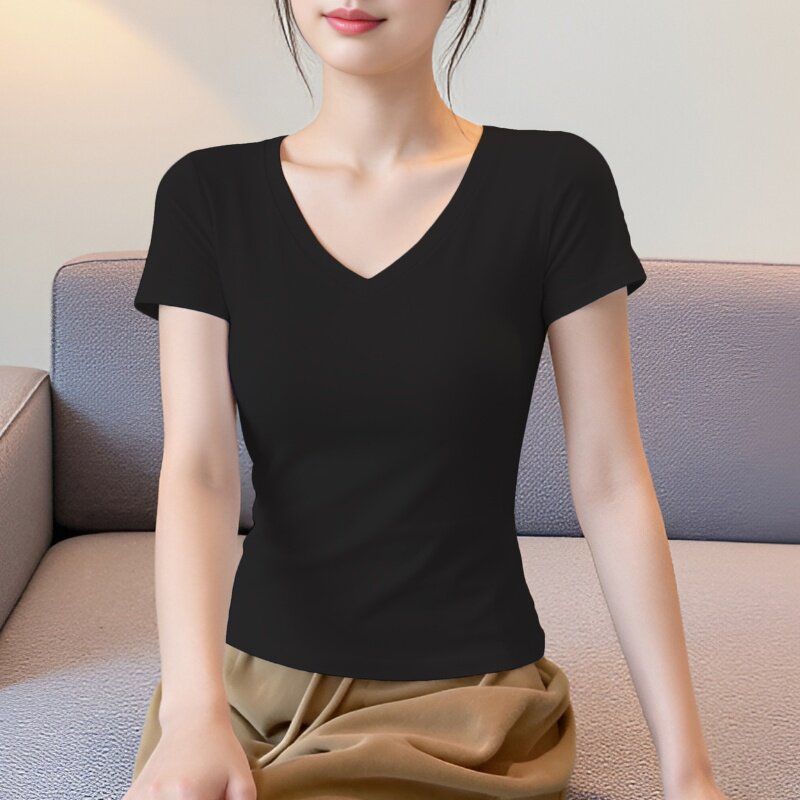 黑色短袖t恤女V领修身2026春夏季新款正肩百搭半袖体恤打底衫上衣