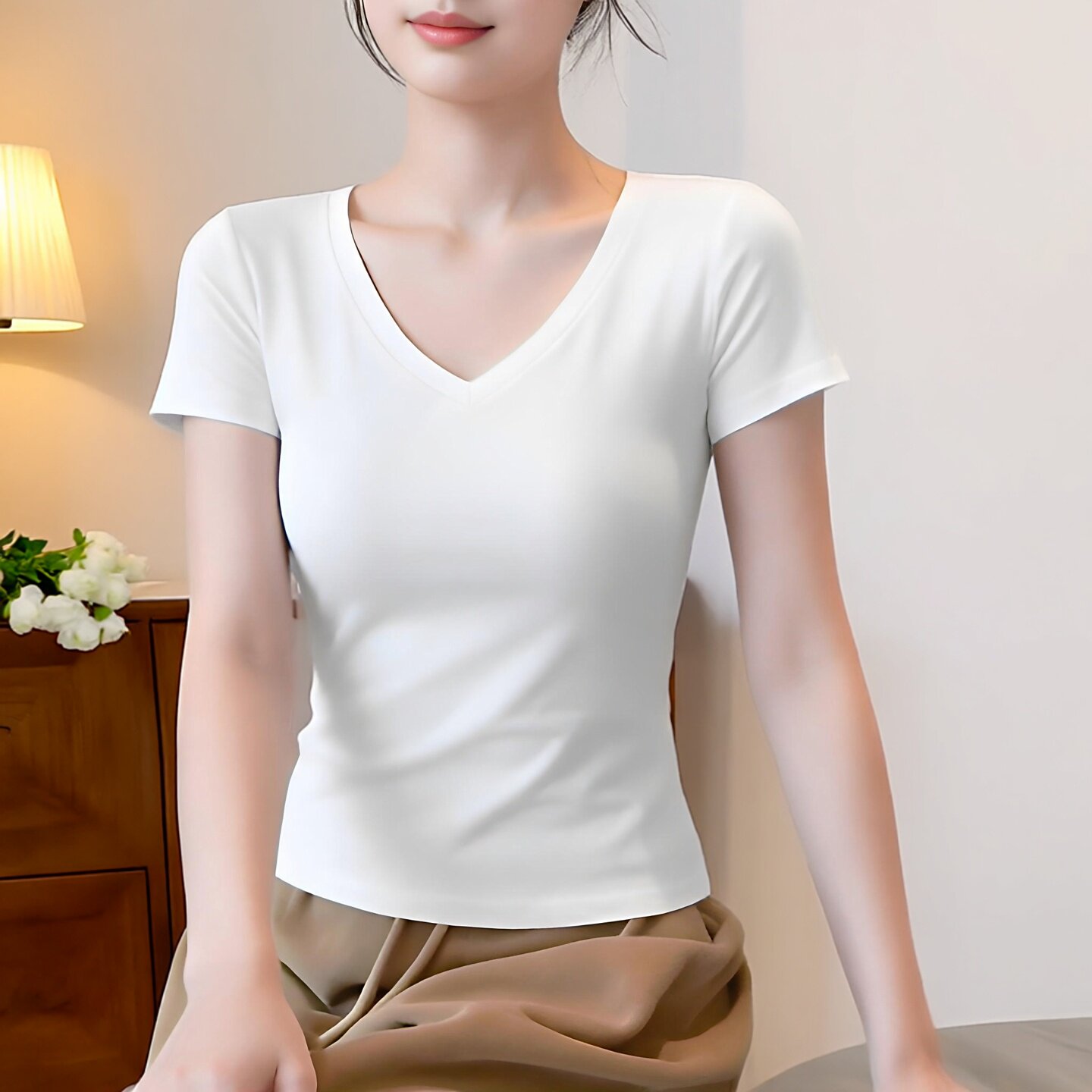 白色短袖t恤女V领修身2026春夏季新款正肩百搭半袖体恤打底衫上衣
