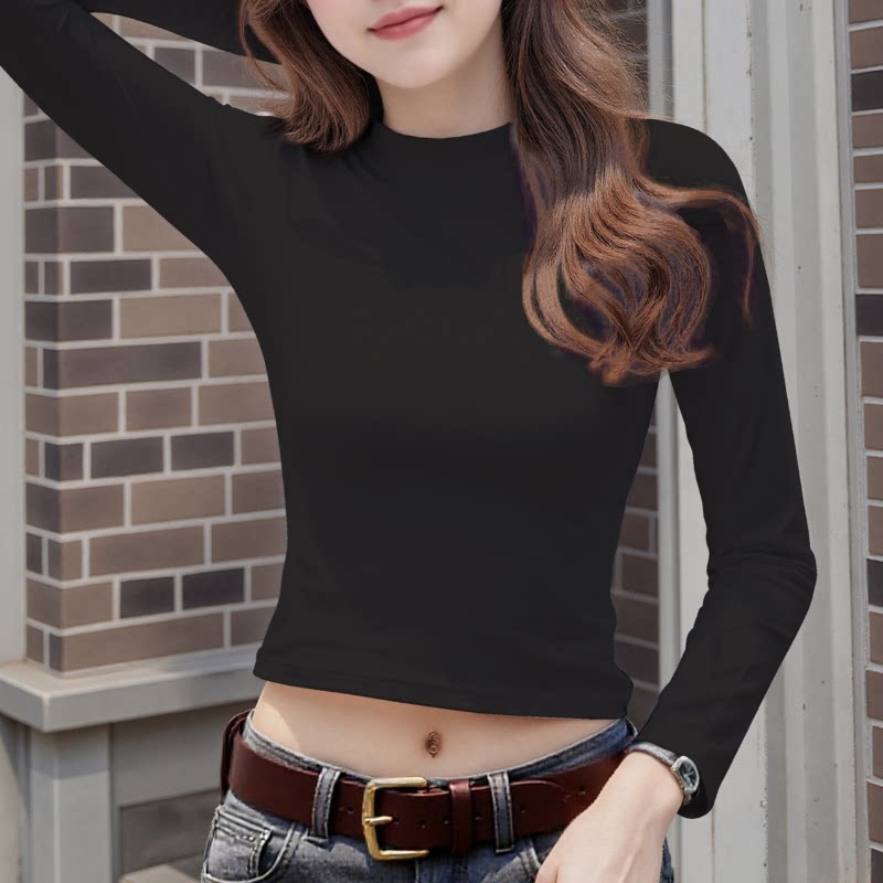 长袖t恤女露脐修身半高领黑色短款高腰漏肚脐春秋新款打底衫上衣