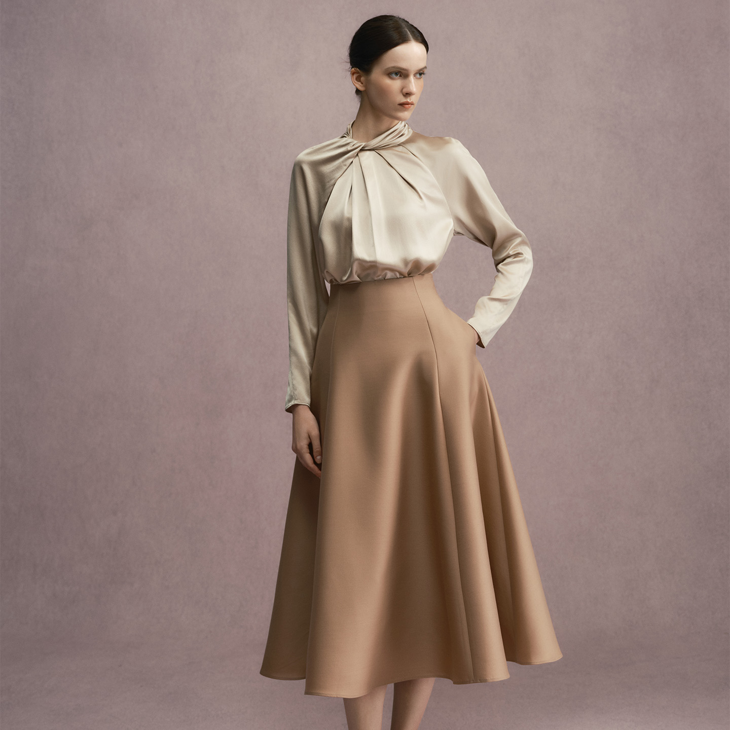 Renya/疏时经典之作桑蚕丝·丝毛质感伞型裙