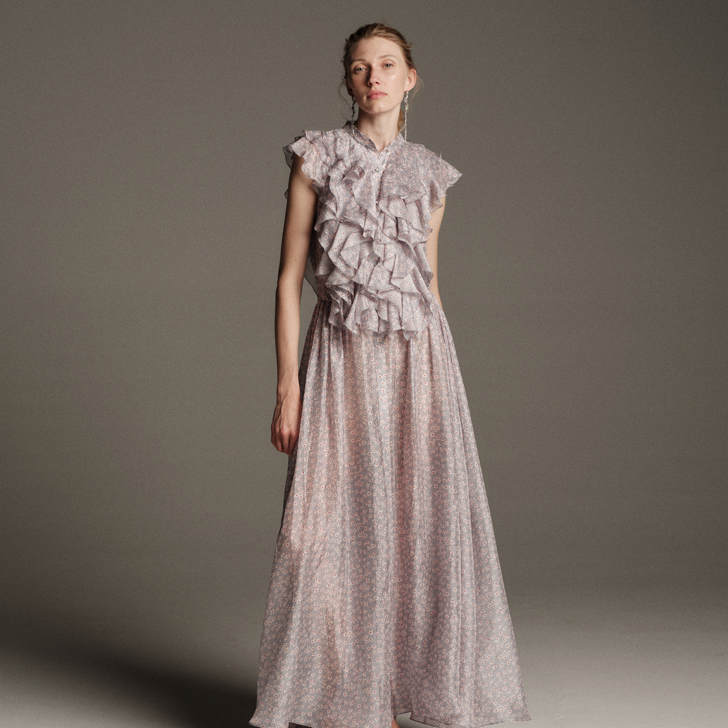 疏时 薰衣草田重工叠层褶裥桑蚕丝连衣裙