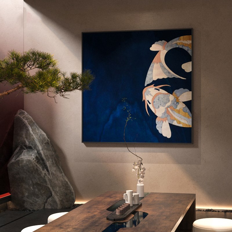 蓝色锦鲤沙发背景墙玄关壁画禅意样板间方形挂画日式餐厅装饰画图片