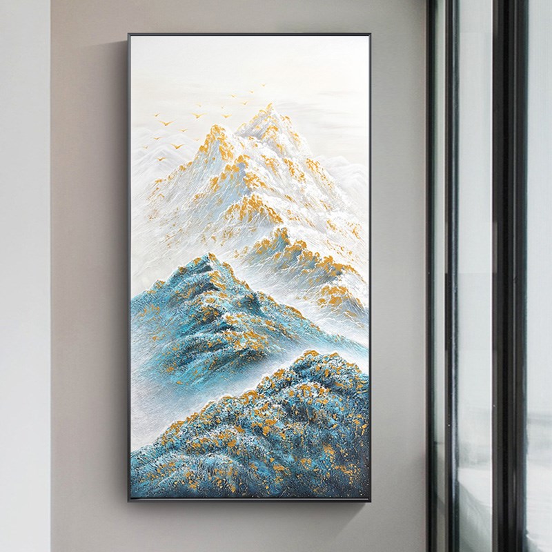 纯手绘油画玄关装饰画走廊过道挂画金山新中式孔雀蓝高级感大芬村图片
