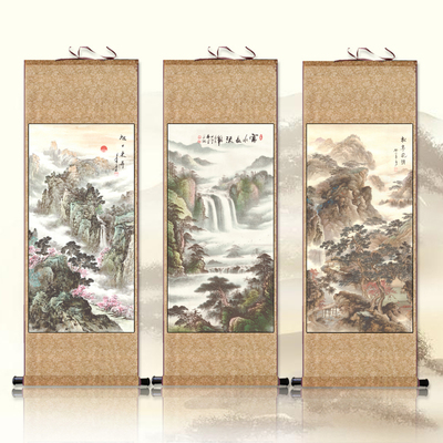 旭日东升迎客松复古中式长流竖幅聚宝盆山水挂画帆布条办公室装饰