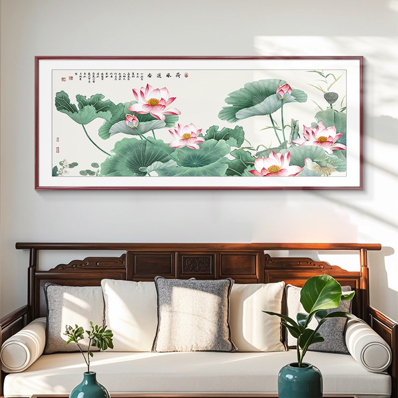 荷花装饰画新中式客厅沙发背景墙挂画新款九鱼图手绘莲花壁画大气图片