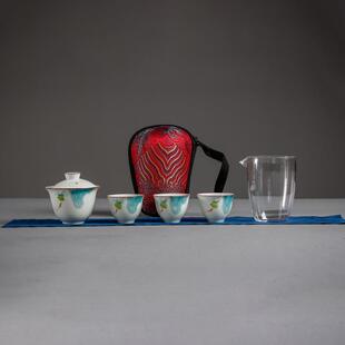 纯手绘荷花盖碗一壶三杯旅行茶具便携快客杯陶瓷功夫小套装泡茶壶