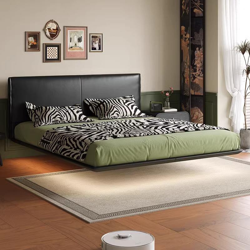 意式极简悬浮床黑色真皮床简约现代轻奢北欧风主卧大床双人床带灯