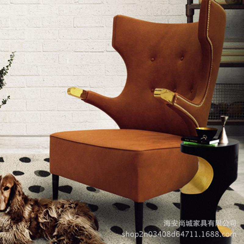 后现代简约实木休闲椅港式样板房售楼处客厅接待布艺单人沙发