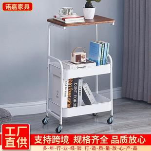 家用多层置物架三层带桌板小推车婴儿用品收纳架中古风沙发边几