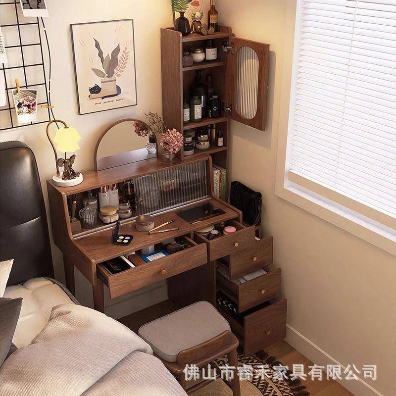中古风全实木梳妆台收纳柜一体组合化妆桌小户型窄小户型省空间
