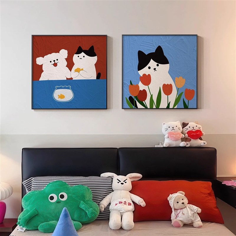 多巴胺卡通猫咪客厅装饰画现代简约卧室房间沙发背景墙挂画儿童房图片
