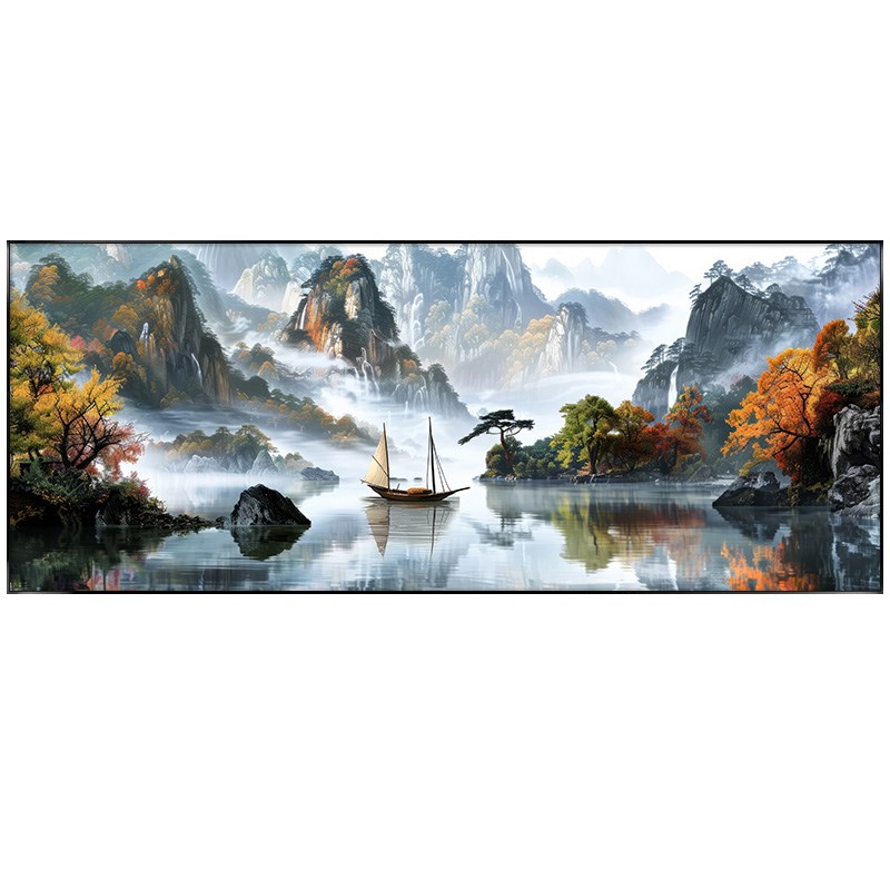 中式客厅壁画背景墙新办公室山水画挂画沙发新款2024聚宝盆装饰画图片