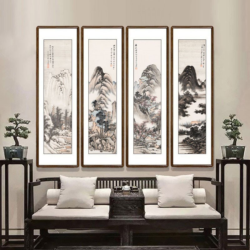 山水四条屏国画水墨画中式客厅餐厅装饰画办公室挂画酒店大堂壁画图片