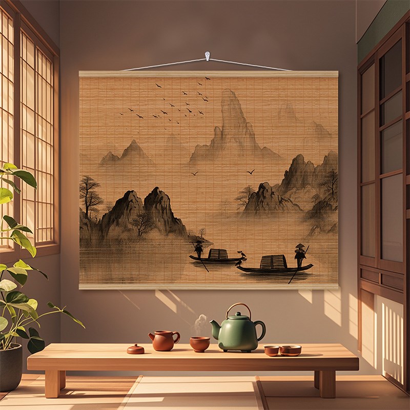 新中式禅意古风茶室大尺寸竹帘片挂画书房客厅玄关墙壁装饰画定制图片