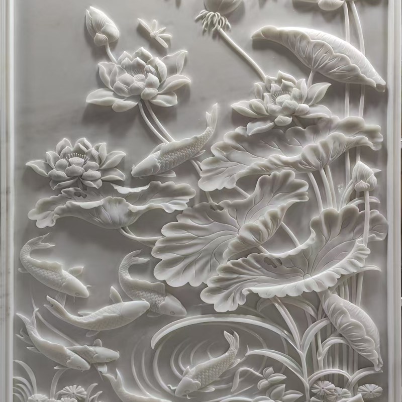 汉白玉浮雕壁画五岳独尊大理石装饰迎客松庭院屏风迎门墙玄关定制图片