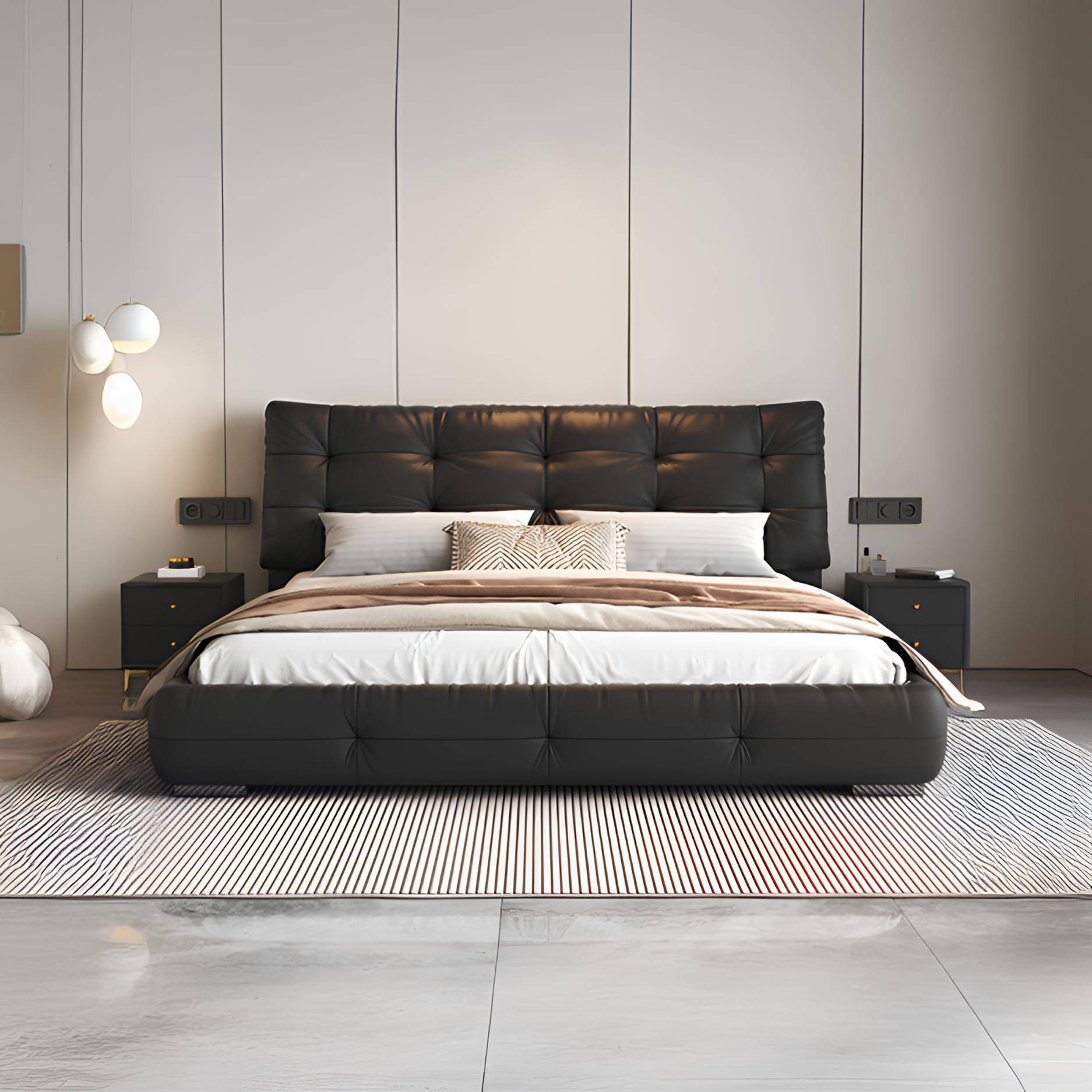 大黑熊真皮床意式现代简约奶油风抽屉储物高端大气主卧双人软包床