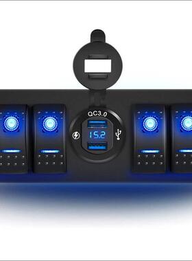 热销4+1汽车开关面板组合圆形双USB车充带数显5P双蓝灯铝