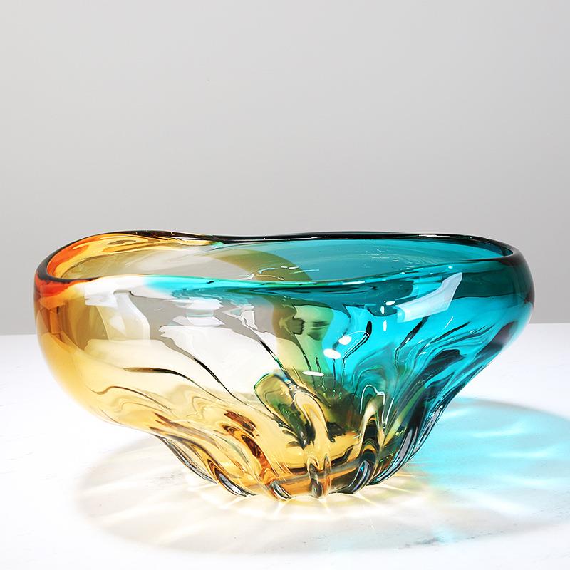 现代轻奢彩色琉璃大果盘客厅样板间售楼处桌面收纳水果盘干果盘