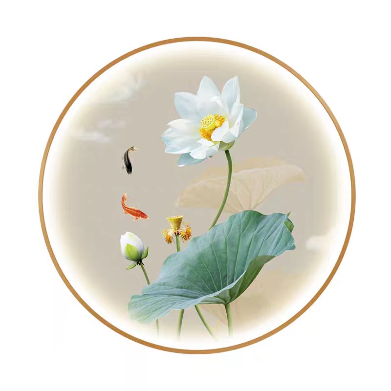 荷花装饰画餐厅卧室酒店走廊莲花壁灯新中式圆形客厅玄关带灯挂画图片