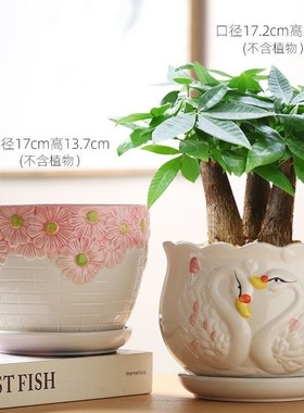 精致小花盆陶瓷大红鲤鱼金鱼花盆陶瓷大号带托盘大口径阳台客厅