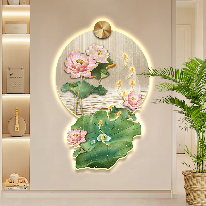 荷花锦鲤玄关装饰画灯光挂画轻奢高级餐厅走廊过道尽头九鱼图壁画图片