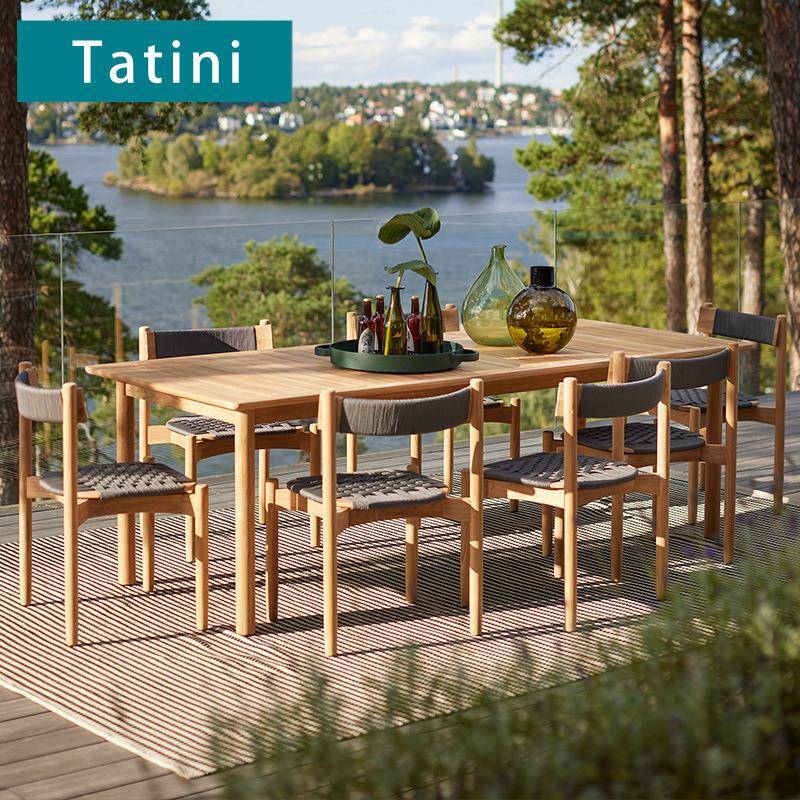 户外柚木桌椅庭院防水防晒休闲实木餐桌椅家具设计师室外藤编组合