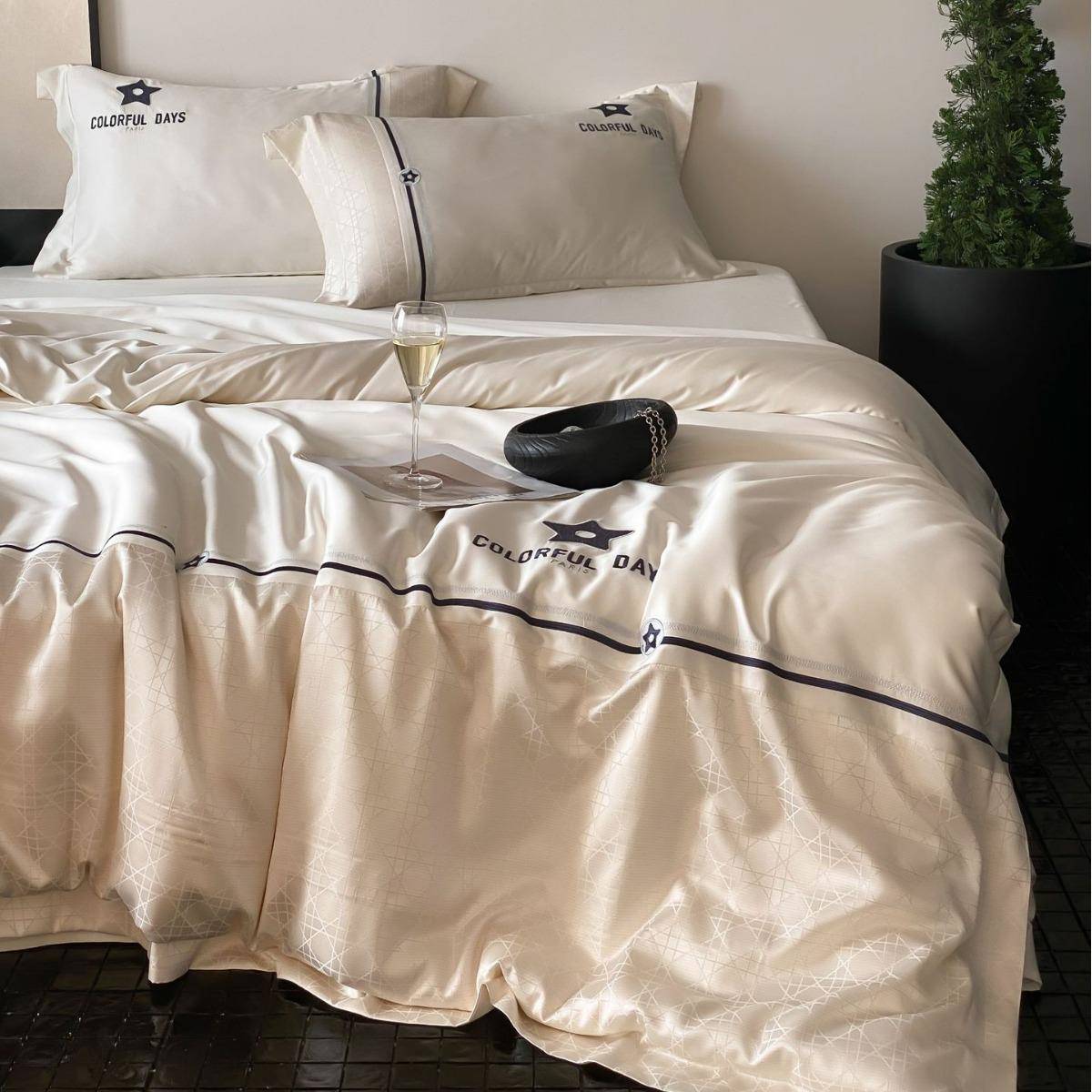 新品超柔天丝棉高密提花星星刺绣被套床笠款可裸睡床上用品四件套