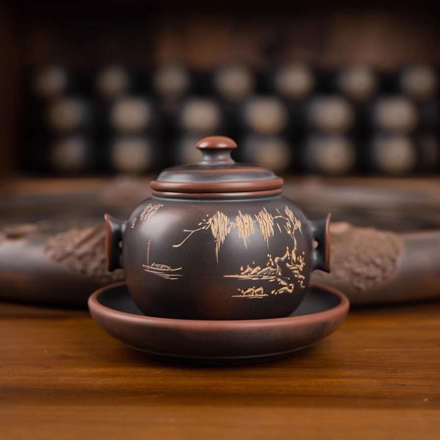 钦州坭兴陶茶壶张振和省大师纯手工家用山水底流壶茶器非紫砂壶