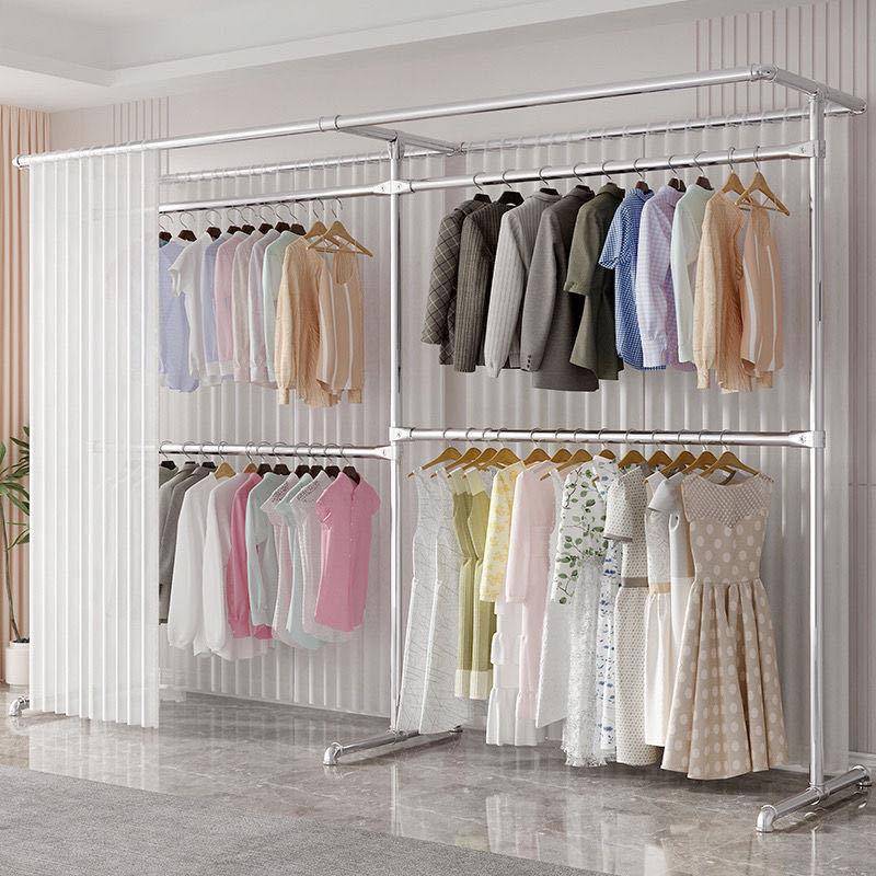 镀锌加厚钢管晾衣架落地立式室内新款卧室阳台简易挂帘双层挂衣架