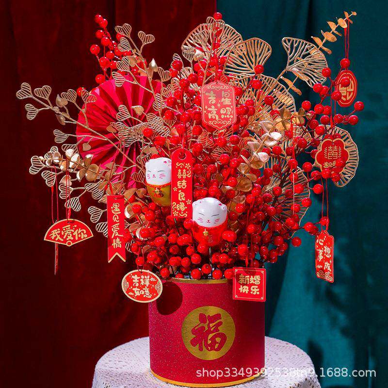 福桶红果发财果仿真花客餐厅假花摆件乔迁开业结婚喜庆装饰红浆果