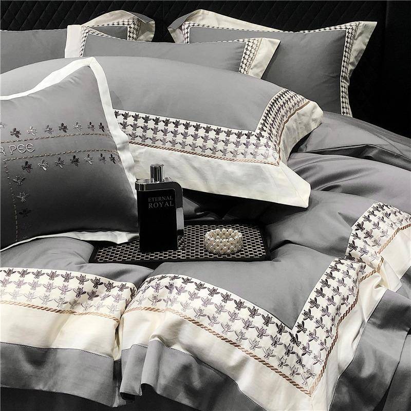 高档刺绣高S双股澳棉纯棉长绒棉四件套灰白拼接被套全棉床上用品