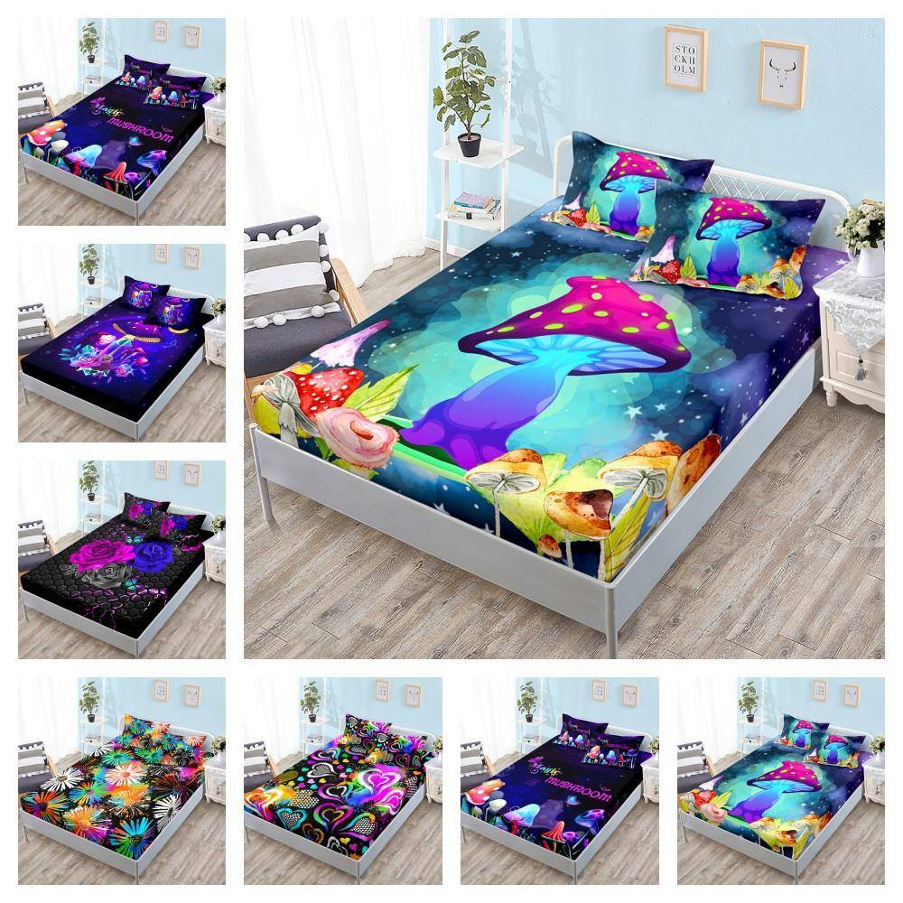 植物蘑菇床笠套件三件套床单全包床罩外贸床垫保护套