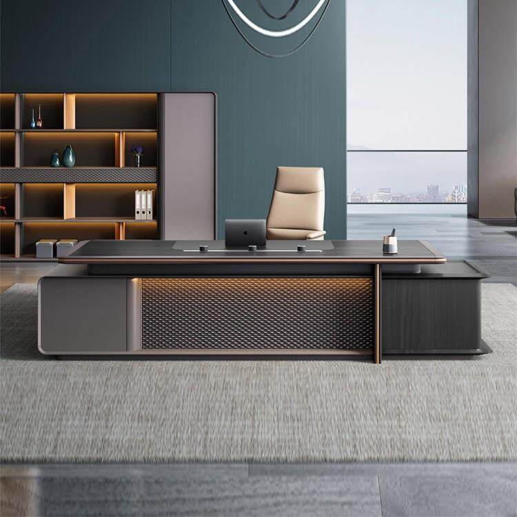 轻奢总裁桌椅组合高级感灯带董事长大班台老板办公桌文件柜背景柜