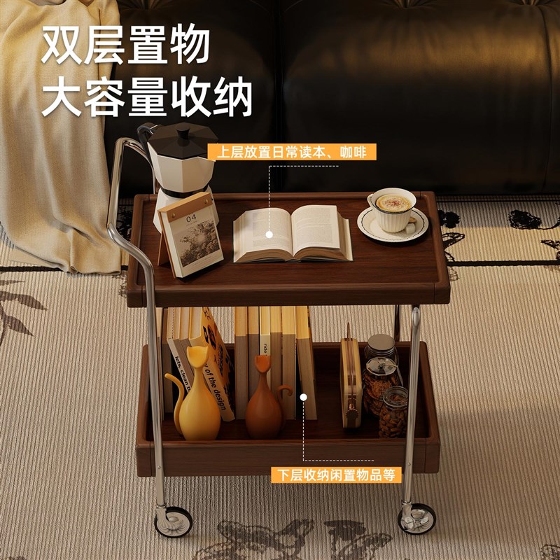 中古小推车双层实木边几可移动茶几桌客厅沙发简约置物架家用餐车