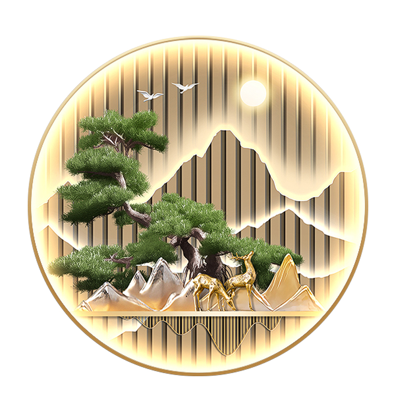 新中式玄关装饰画迎客松树走廊过道挂画背有靠山圆形茶室带灯壁画图片