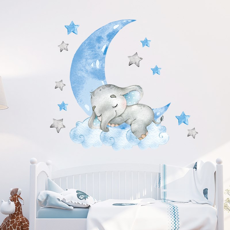 Baby Boy Elephant Sleeping Moon Wall Stickers for Kids Room