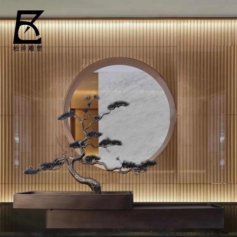 中式金属迎客松摆件酒店门厅玄关过道落地工艺Q品铁艺松树雕塑装