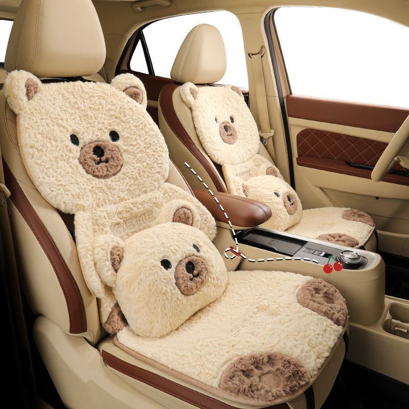 2025新款汽车坐垫卡通可爱熊汽车坐垫短毛绒女小车座椅套单片座垫