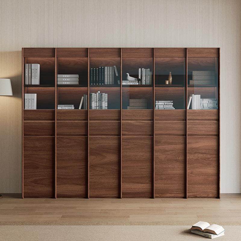 北美黑胡桃木书柜玻璃储物柜一体整墙客厅组合柜满墙全实木展示柜