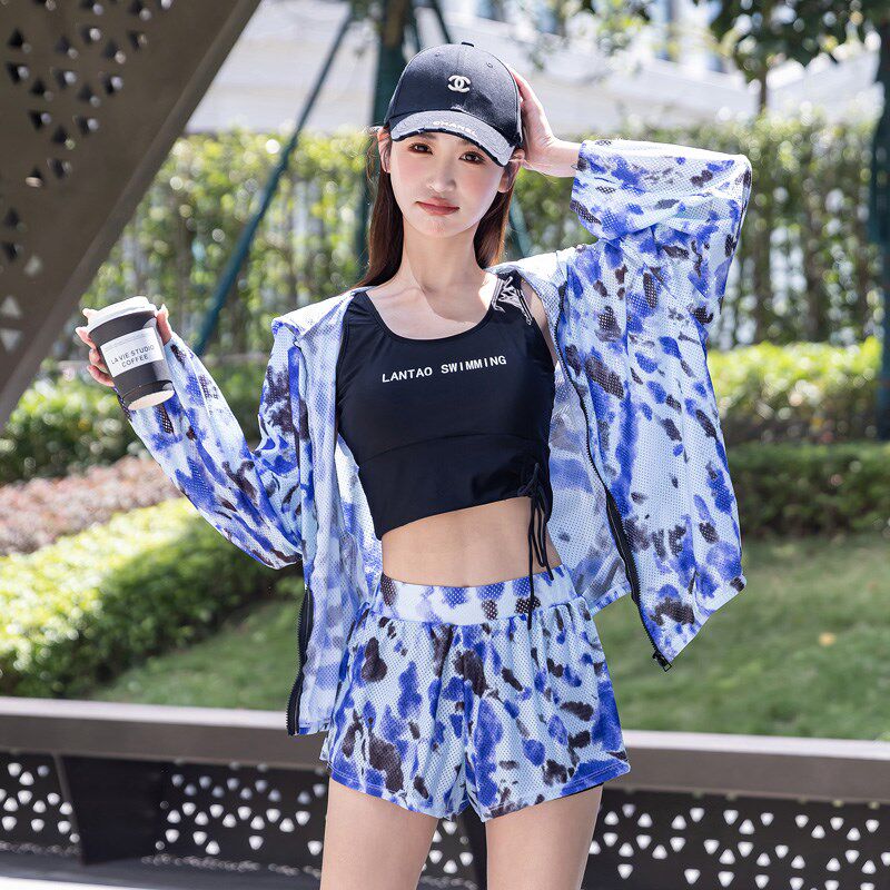 泳衣女保守分体平角大码花色防晒网衫速干遮肚显瘦泡温泉海边泳装
