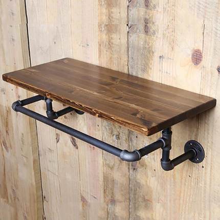 工层板收纳毛巾架墙上铁艺水管壁挂置物架美式工业风loft实木浴室