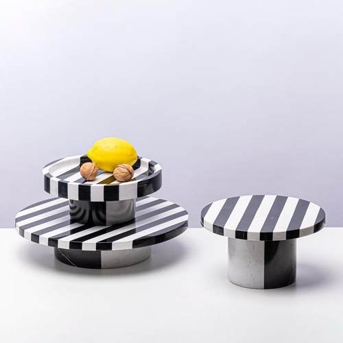 现代北欧黑白条纹大理石托盘摆件软装样客厅茶几电视柜收纳装饰品