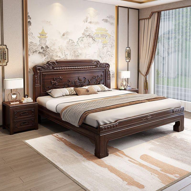 新中式花梨木榫卯结构实木床1.8M双人大床中式1.5M仿古雕花实木床